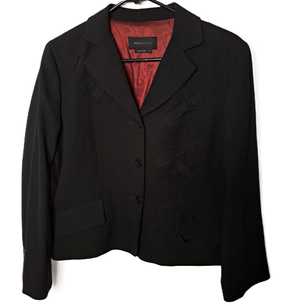BCBGMAXAZRIA Womens Black Notch Lapel Ribbon Career Work Jacket Blazer Large